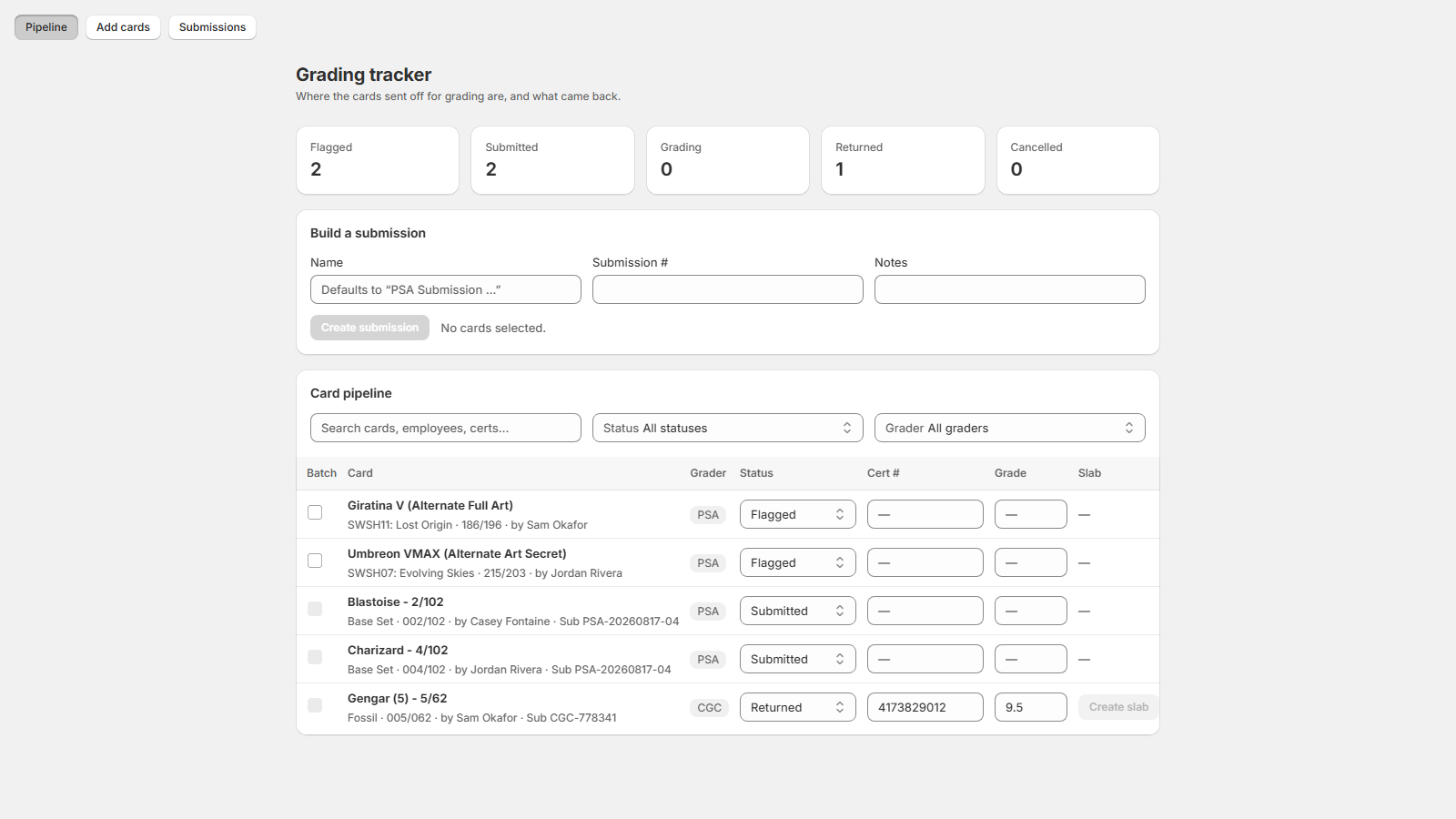 The grading pipeline with status tiles, the submission builder, and tracked cards