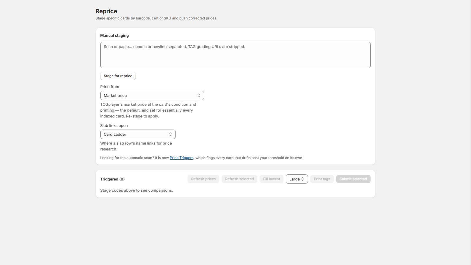 The Reprice screen with the manual staging box and comparison rows