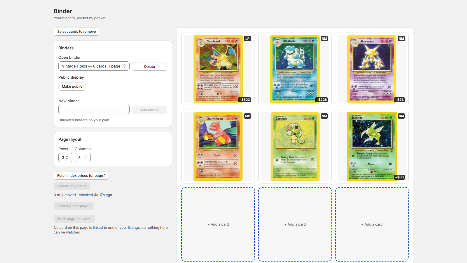 Binder screen: a 3-by-3 page of vintage holo cards with condition initials and live values