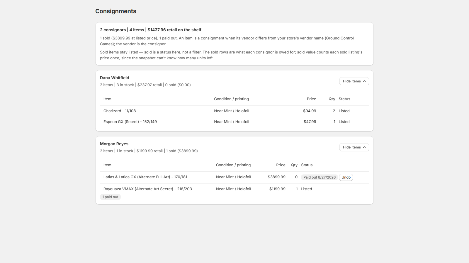 Consignments screen grouping items by consignor with sold, owed, and paid-out status