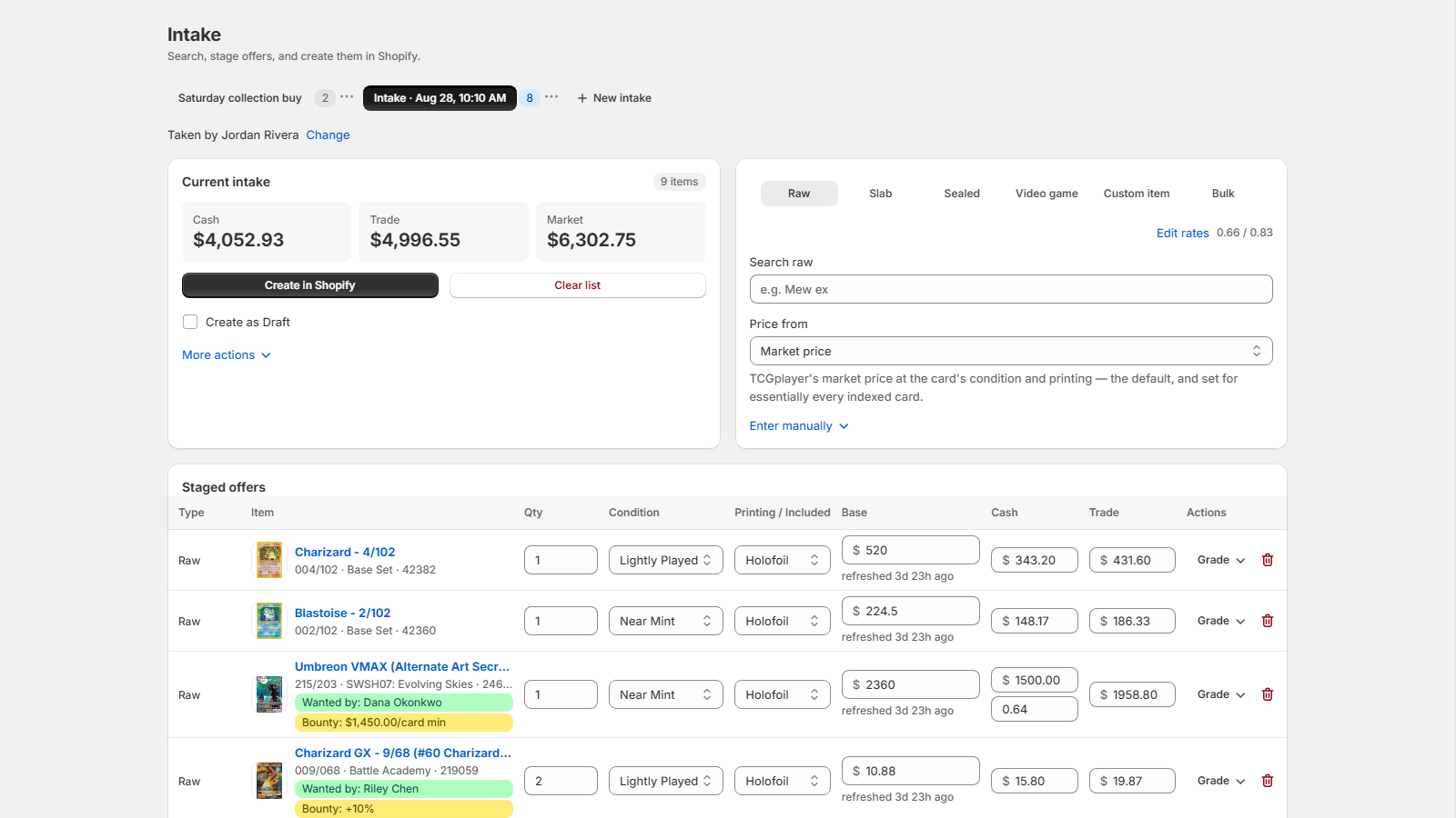 Card Vendor intake screen: a staged buy with cash, trade, and market totals, card thumbnails, and per-card offers
