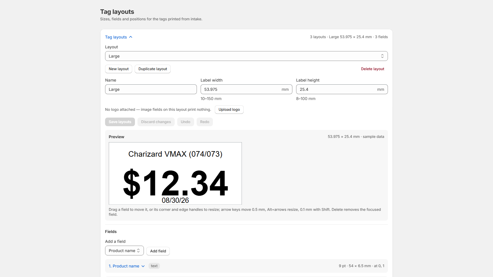 Tag layouts screen: the price-tag designer with a live label preview